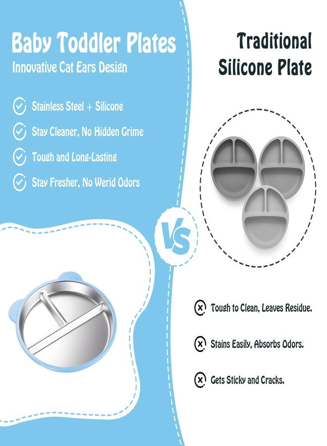 Thrseely 4 Pack Stainless Steel Toddler Plates with Suction - 9" Kids Divided Plates Removable Silicone Sleeves for Baby Led Weaning, Bear Ear Design Non Slip BPA-Free Dishwasher Safe - Image 4